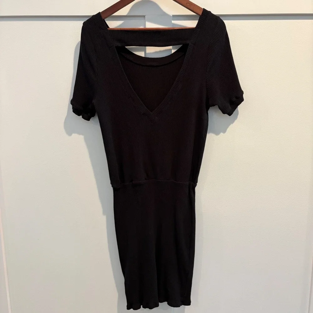 Free People Beach Ribbed Open Back‎ Dress Large Black Swim Cover Up Resort Wear